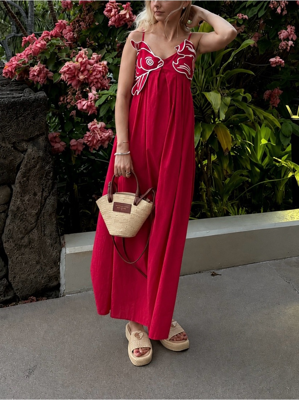 Commense Red Embroidered Fish Maxi Dress Sheer Cami Sweetheart Neck Size L